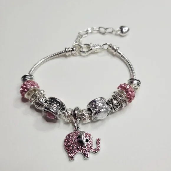 NWT Pandora Style Charm Bracelet Sparkling Pink Elephant Glittering Rhinestones - Picture 3 of 7
